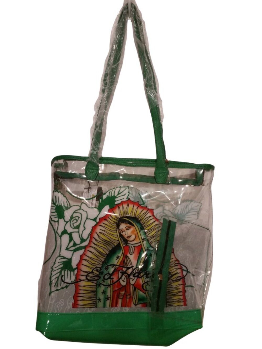 Ed Hardy Virgen de Guadalupe Clear PVC Tote Bag Green Red - NEW - Picture 1 of 3